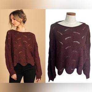 Lulus Loose Knit Scalloped Hem Sweater Sz S Moonglow Burgundy Relaxed Fit